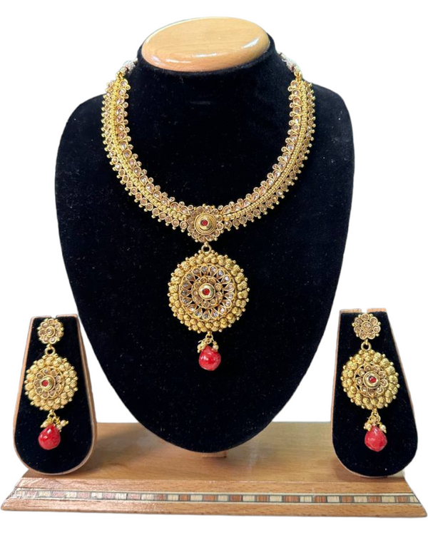 Gold Plated Reverse AD Necklace & Earring Set With Pearl Drop #RAD56