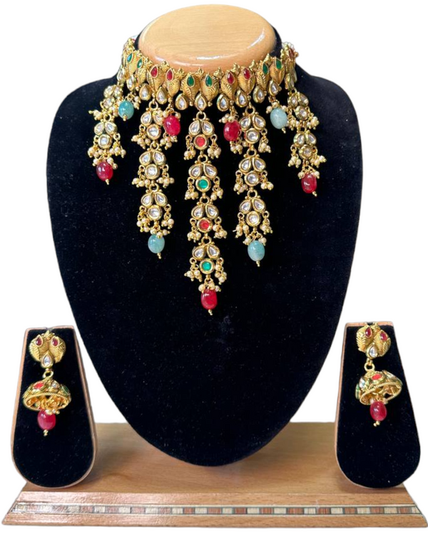 Gold Plated Polki Flexible Choker Necklace & Earrings Set With Reverse AD Stones #RADC16