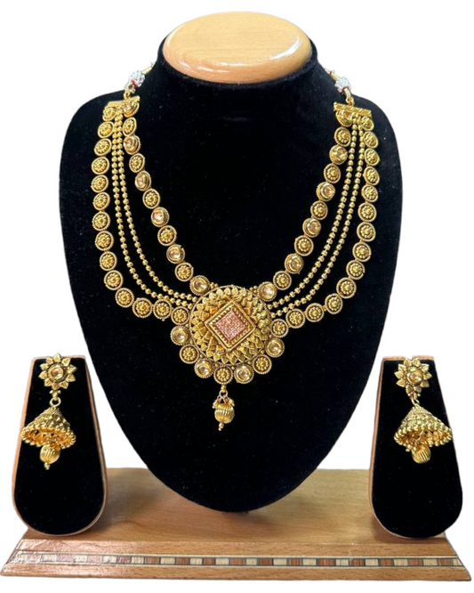 Gold Plated Kundan Necklace & Earring Set With Pearl Drops #RAD52