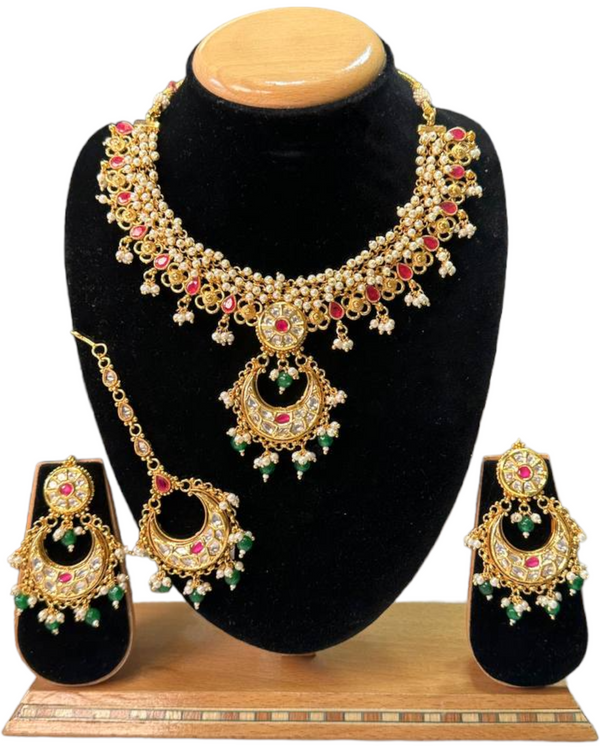 Gold Plated Reverse AD Stones Necklace, Earring & Mang Tikka Set #RAD48