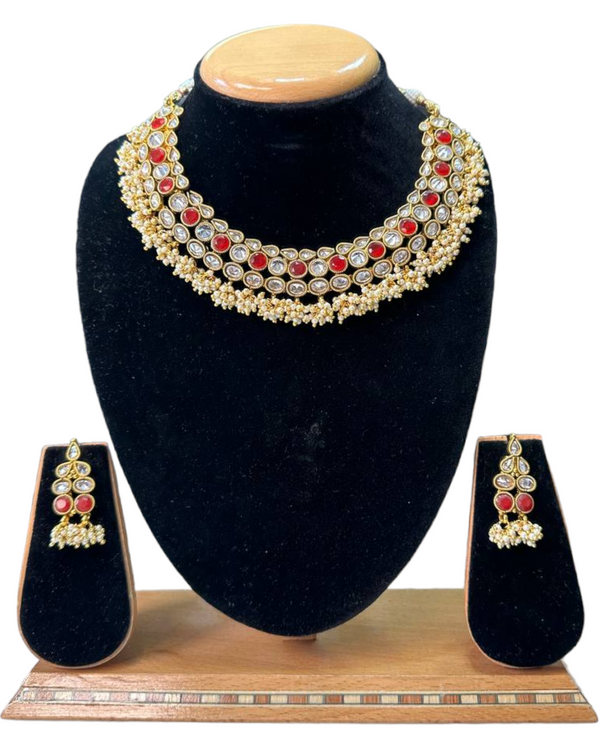 Gold Plated Polki Necklace & Earring Set With Reverse AD Red Stones and Gajra #RAD70