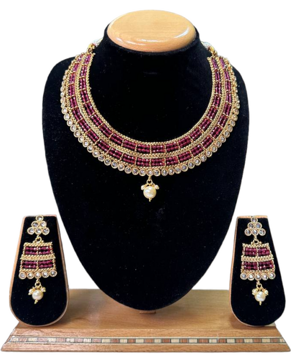 Gold Plated Reverse AD Necklace & Earring Set With Pearl Drop #RAD53