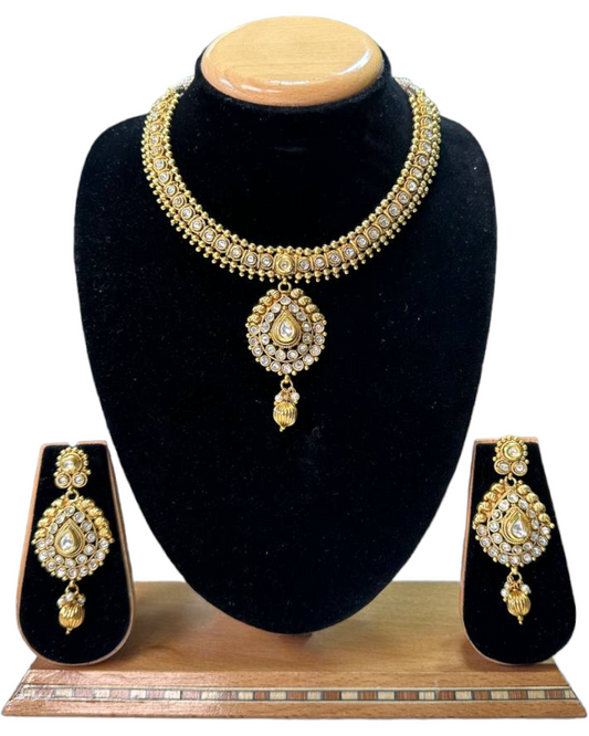 Gold Plated Polki Necklace & Earring Set With Reverse AD Stones #RAD65