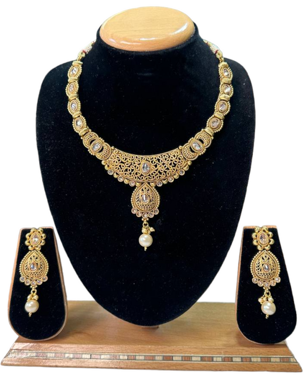 Gold Plated Reverse AD Necklace & Earring Set With Pearl Drop #RAD57
