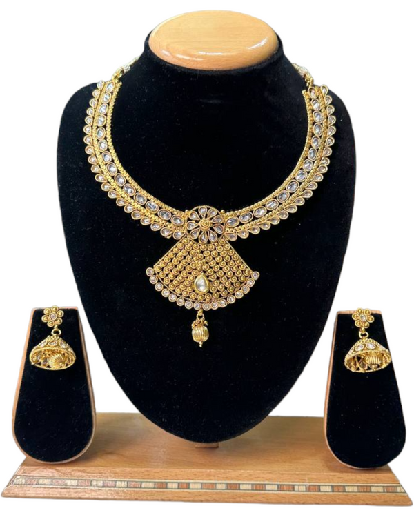 Gold Plated Reverse AD Necklace & Earring Set With Pearl Drop #RAD58