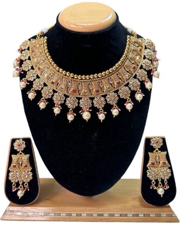 Gold Plated Reverse AD Necklace & Earring Set With Pearl Drop #RAD55