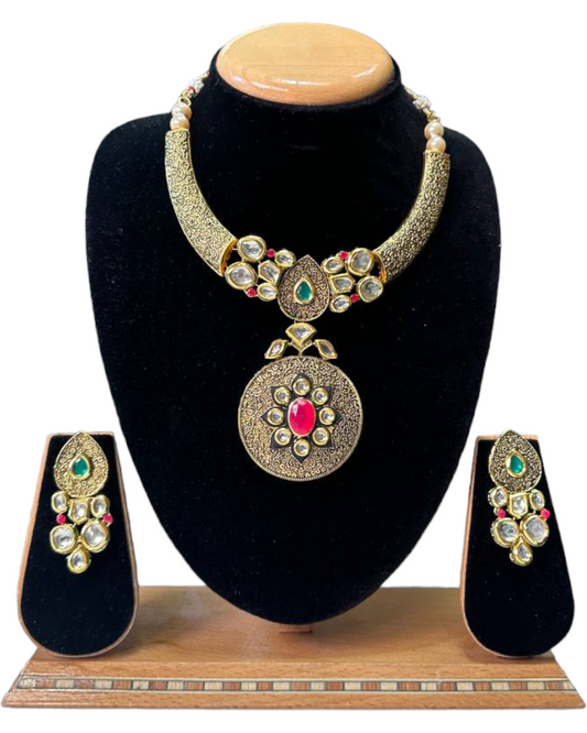 Gold Plated Kundan Necklace & Earring Set With Meenakari #RAD59