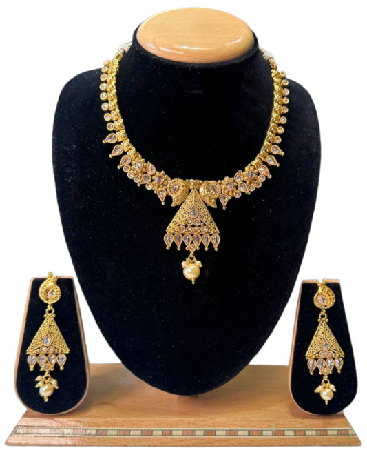 Gold Plated Polki Necklace & Earring Set With Reverse AD Clear Stones #RAD71