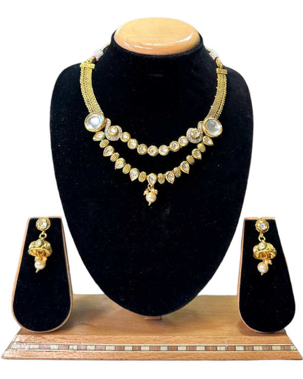 Gold Plated Kundan Necklace & Earring Set With Pearl Drop #RAD54