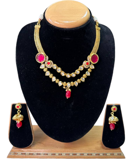 Gold Plated Kundan Necklace & Earring Set With Pearl Drop #RAD54