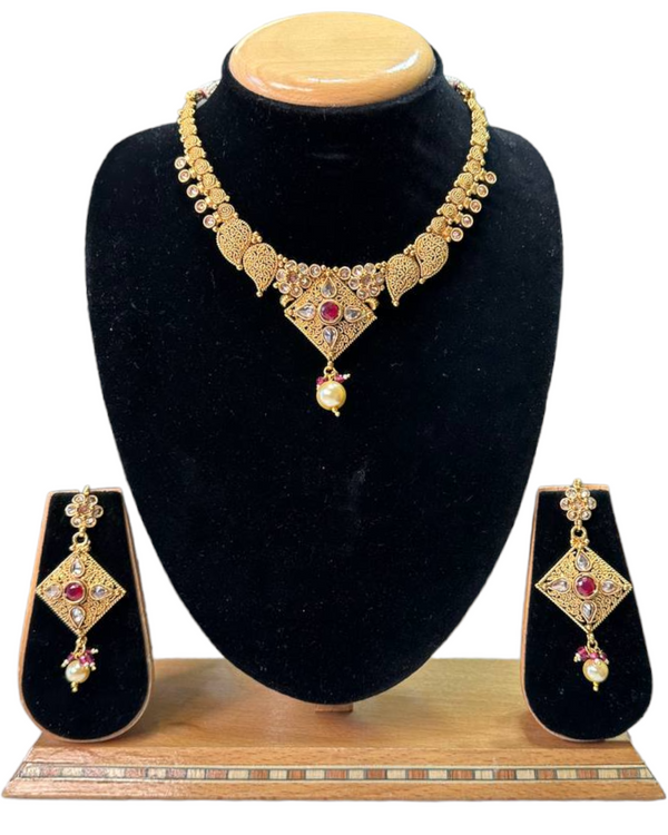 Gold Plated Polki Necklace & Earring Set With Reverse AD Clear and Red Stones #RAD73