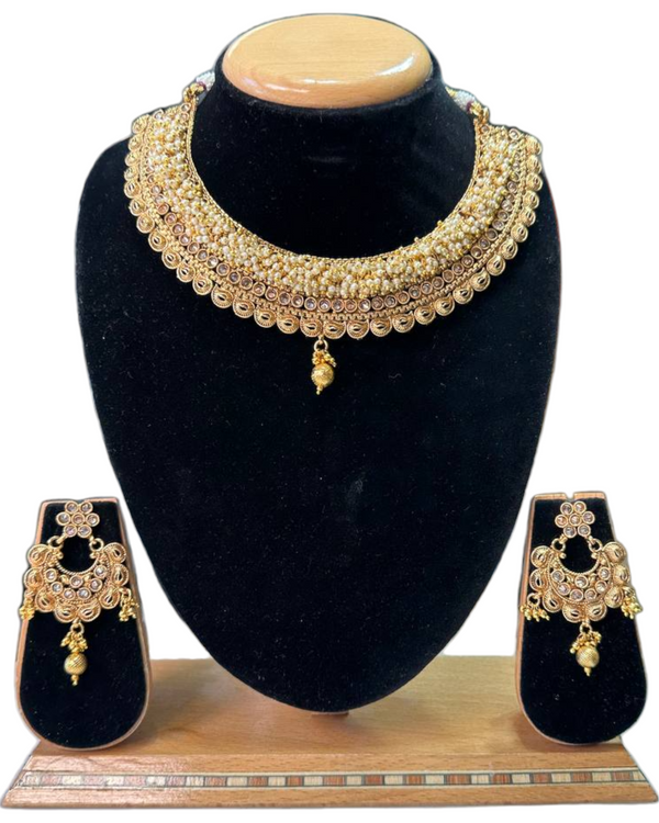 Gold Plated Polki Necklace & Earring Set With Reverse AD Stones and Gajra #RAD67