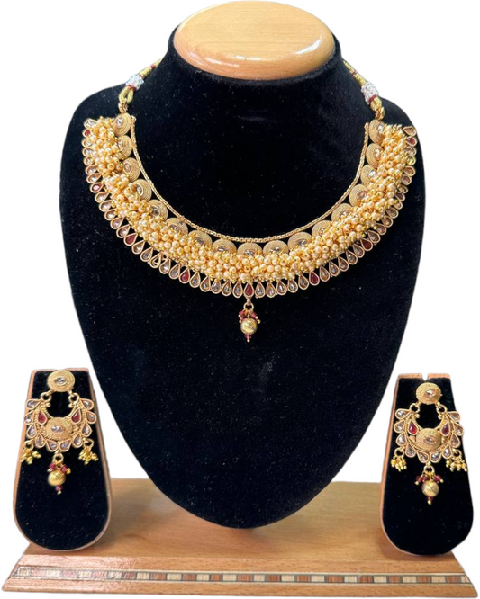 Gold Plated Polki Necklace & Earring Set With Reverse AD Stones and Gajra #RAD74