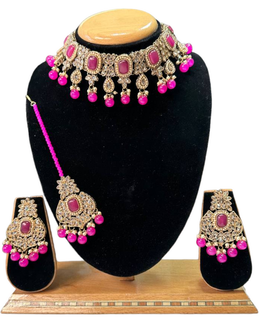 Mehendi Antique Finish Polki AD Choker Necklace Earrings And Mang Tikka Set #PC1