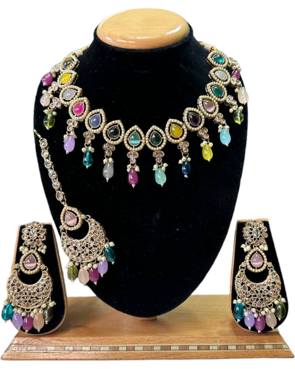 Mehendi Finish Polki With Mona Lisa Stones Necklace Earrings And Mangtikka Set #PS11
