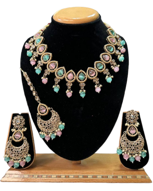 Mehendi Finish Polki With Mona Lisa Stones Necklace Earrings And Mangtikka Set #PS11