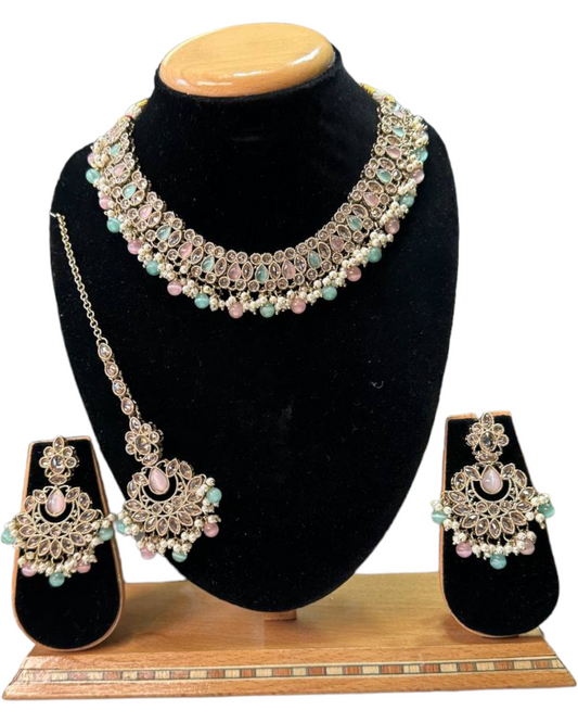 Mehendi Finish Polki With Mona Lisa Stones Necklace Earrings And Mangtikka Set #PS12