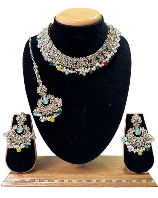 Mehendi Finish Polki With Mona Lisa Stones Necklace Earrings And Mangtikka Set #PS12