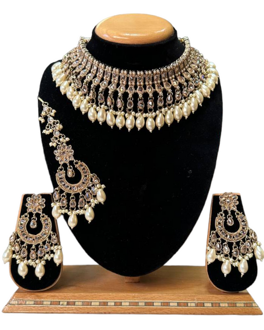 Mehendi Antique Finish Polki AD Choker Necklace Earrings And Mang Tikka Set #PC2