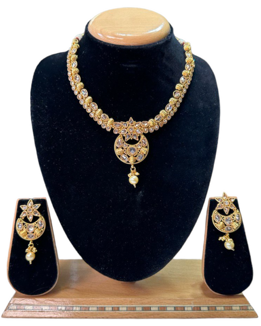 Gold Plated Polki Necklace & Earring Set With Reverse AD Stones #RAD82