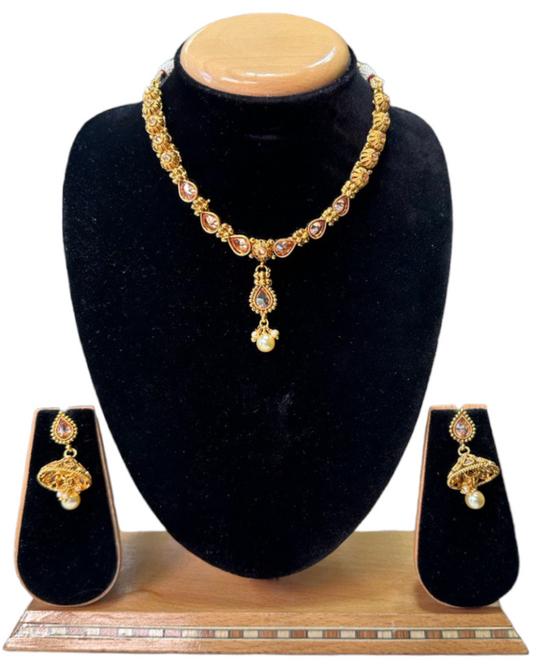Gold Plated Polki Necklace & Earring Set With Reverse AD Stones #RAD84