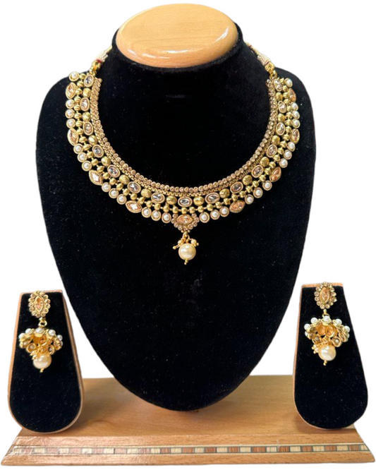 Gold Plated Polki Necklace & Earring Set With Reverse AD Stones #RAD85