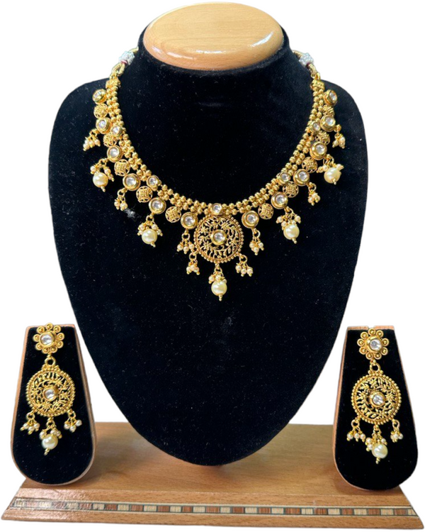 Gold Plated Kundan Necklace & Earring Set With Pearl Drops #RAD83