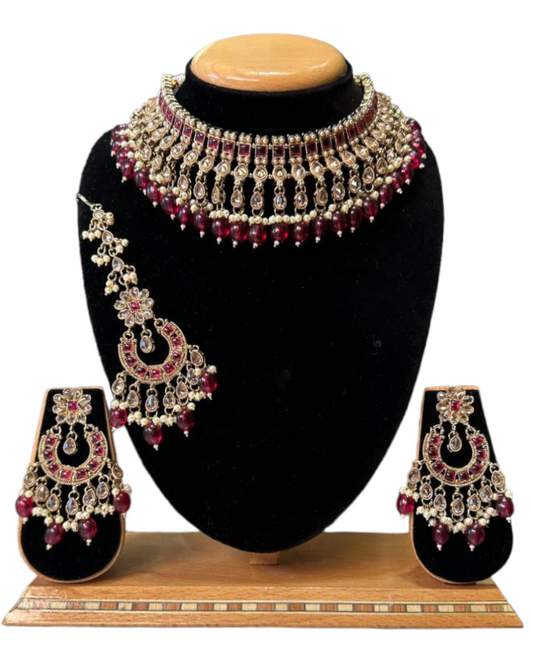 Mehendi Antique Finish Polki AD Choker Necklace Earrings And Mang Tikka Set #PC2