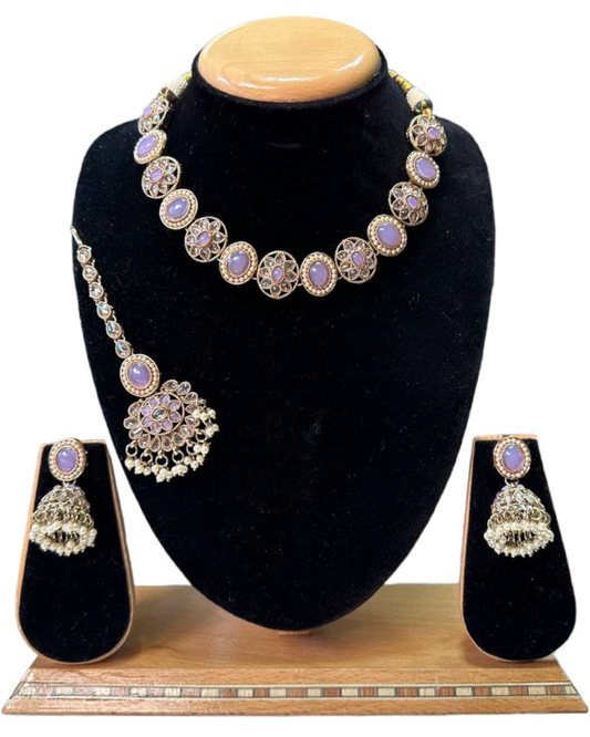 Mehendi Finish Polki With Mona Lisa Stones Necklace Earrings And Mangtikka Set #PS13