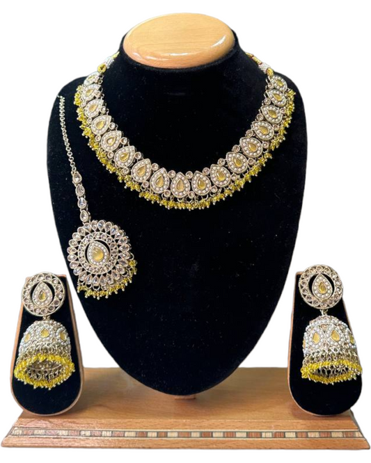 Mehendi Finish Polki With Mona Lisa Stones Necklace Earrings And Mangtikka Set #PS15