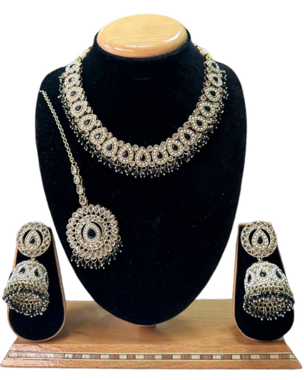 Mehendi Finish Polki With Mona Lisa Stones Necklace Earrings And Mangtikka Set #PS15