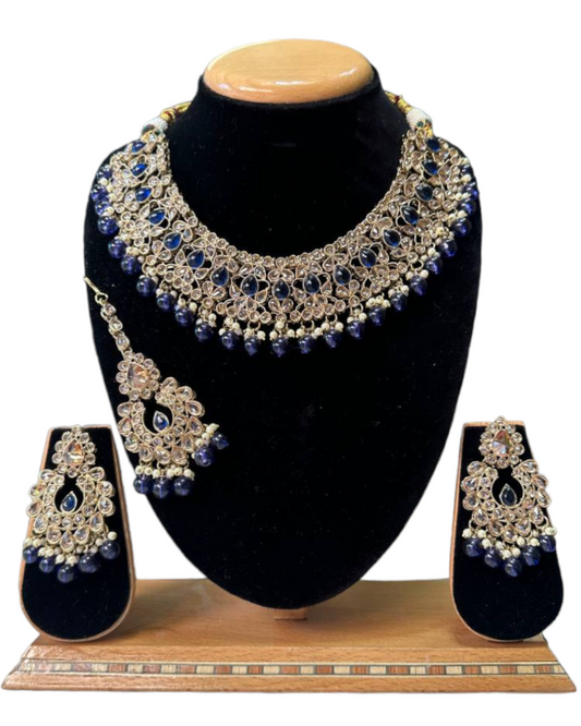 Mehendi Finish Polki With Mona Lisa Stones Necklace Earrings And Mangtikka Set #PS20