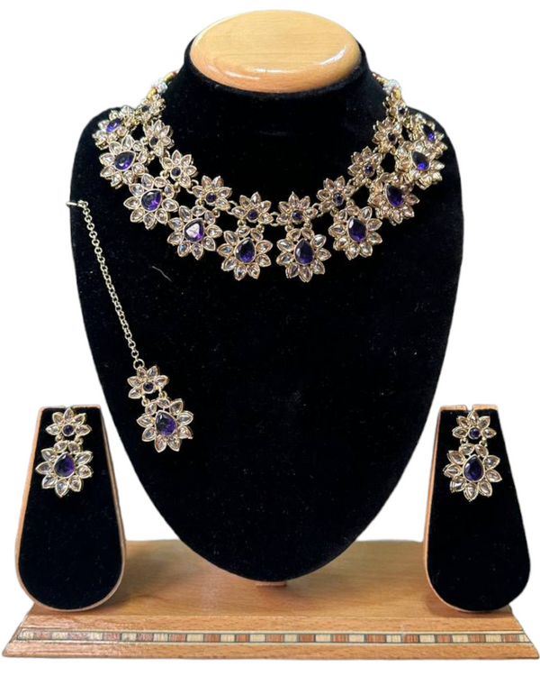 Mehendi Finish Polki With Mona Lisa Stones Necklace Earrings And Mangtikka Set #PS14