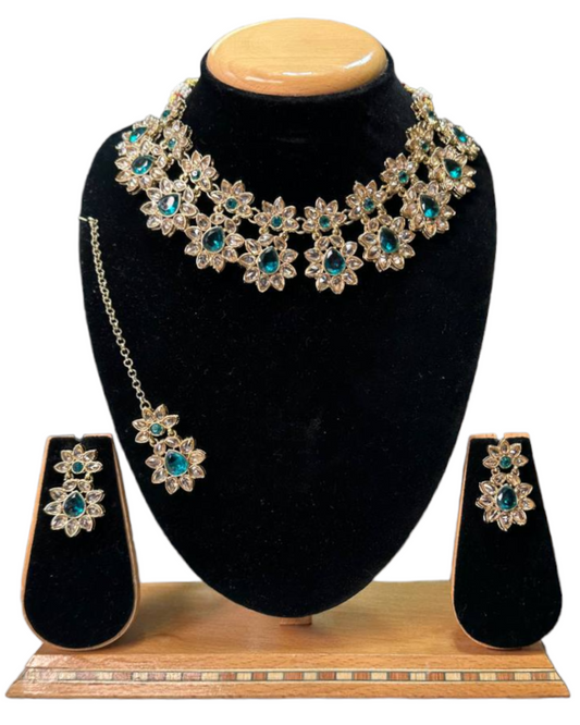 Mehendi Finish Polki With Mona Lisa Stones Necklace Earrings And Mangtikka Set #PS14