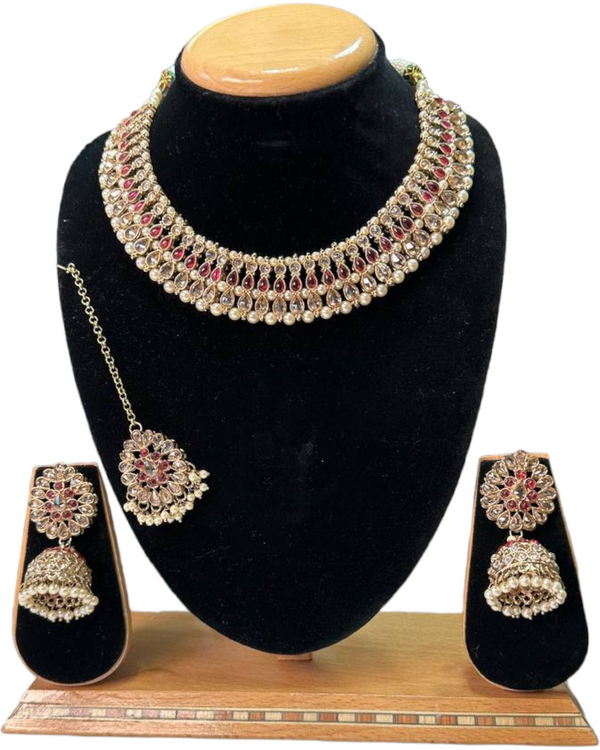 Mehendi Finish Polki With Mona Lisa Stones Necklace Earrings And Mangtikka Set #PS16