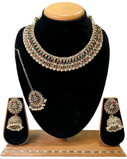 Mehendi Finish Polki With Mona Lisa Stones Necklace Earrings And Mangtikka Set #PS16