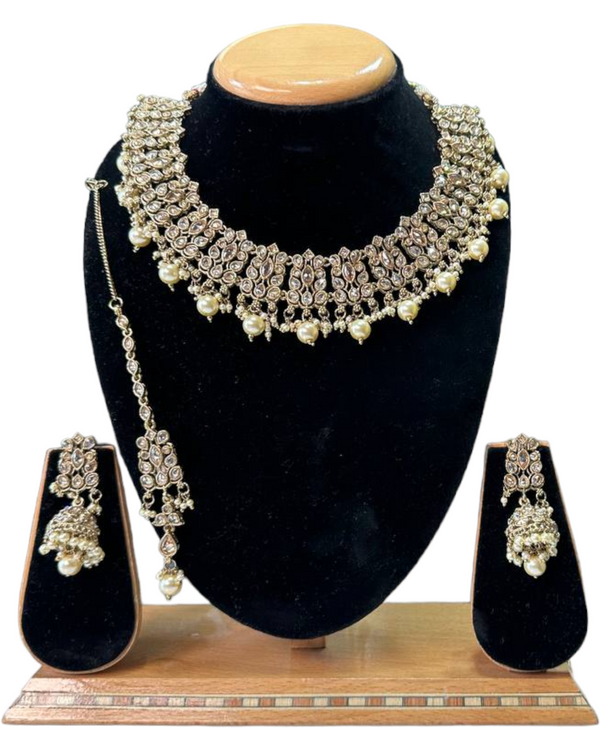Mehendi Finish Polki With Mona Lisa Stones Necklace Earrings And Mangtikka Set #PS17