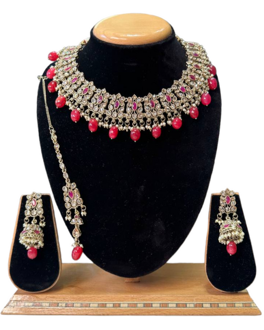 Mehendi Finish Polki With Mona Lisa Stones Necklace Earrings And Mangtikka Set #PS17