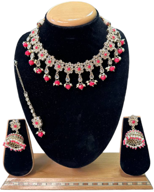 Mehendi Finish Polki With Mona Lisa Stones Necklace Earrings And Mangtikka Set #PS19