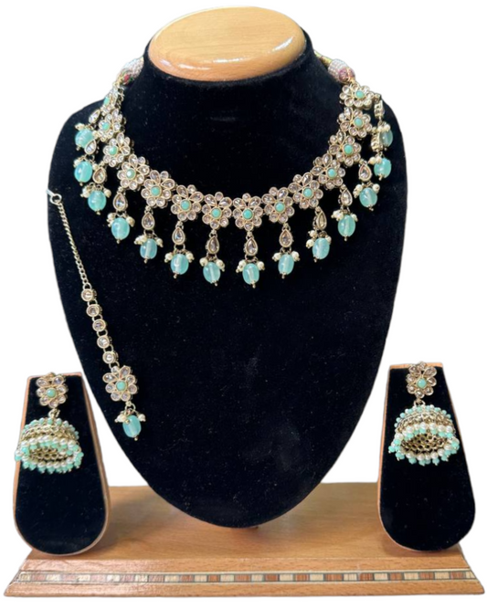 Mehendi Finish Polki With Mona Lisa Stones Necklace Earrings And Mangtikka Set #PS19