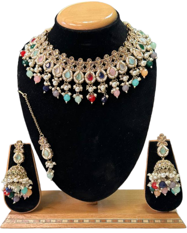Mehendi Finish Polki With Mona Lisa Stones Necklace Earrings And Mangtikka Set #PS18
