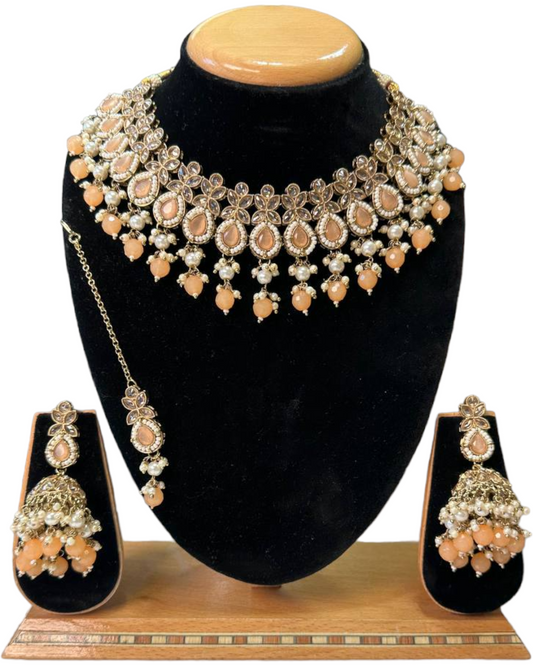 Mehendi Finish Polki With Mona Lisa Stones Necklace Earrings And Mangtikka Set #PS18