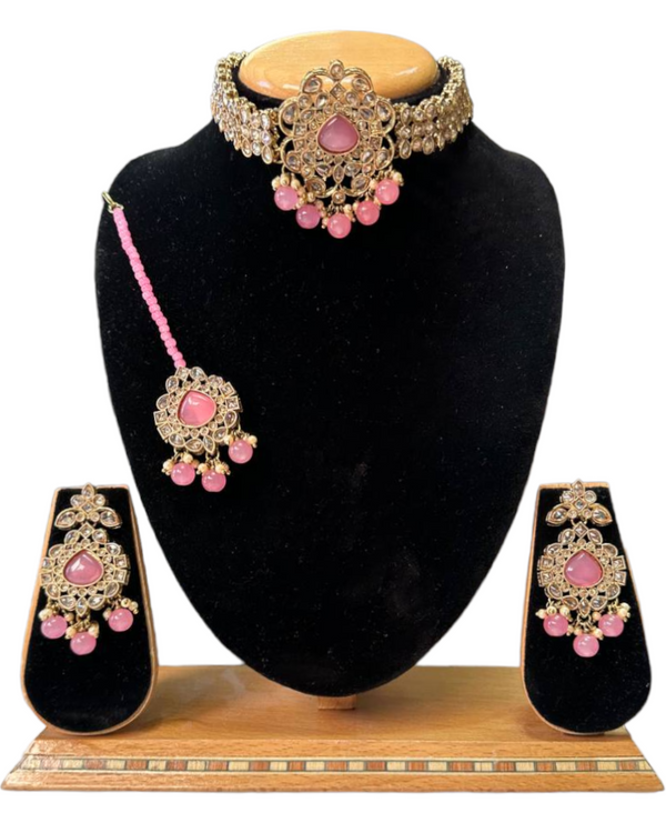 Mehendi Antique Finish Polki AD Choker Necklace Earrings And Mang Tikka Set #PC4