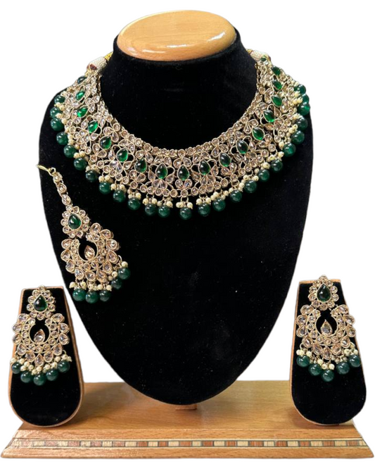 Mehendi Finish Polki With Mona Lisa Stones Necklace Earrings And Mangtikka Set #PS20