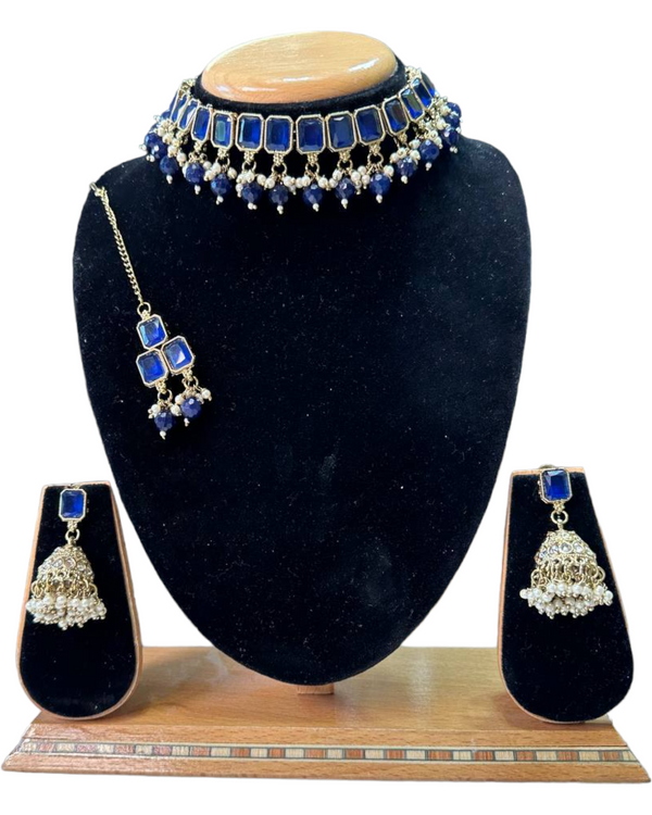 Mehendi Antique Finish Polki AD Choker Necklace Earrings And Mang Tikka Set #PC5