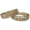 Gold Plated with Mint and Pink Monalisa Stones Polki Bangles 2pc Set #PX1