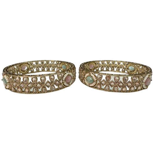 Gold Plated with Mint and Pink Monalisa Stones Polki Bangles 2pc Set #PX1