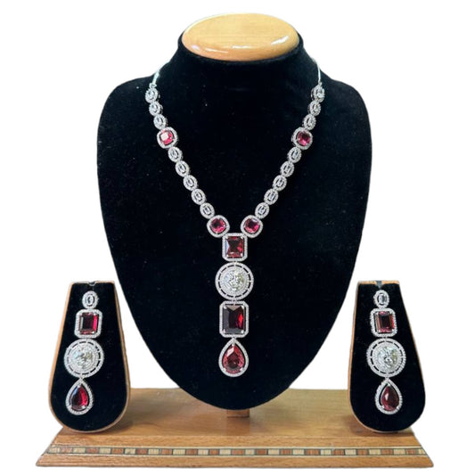 Premium Silver Hydro Green/Red AD Necklace with Earrings Set #ADS79