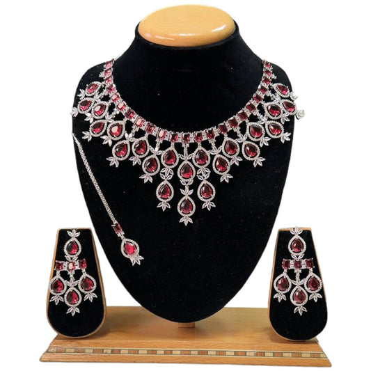 Premium Bridal Silver Finish Hydro AD / CZ Stones Necklace with Earrings and Mangtikka Set | BS19