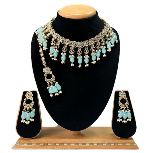 Gold Finish Polki and Monalisa Stones Necklace Set with Mangtikka and Earrings #PS44